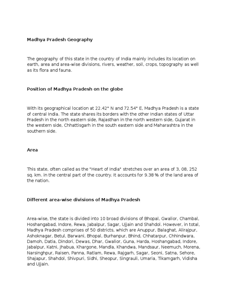 Geography of Madhya Pradesh Overview | PDF | Earth Sciences | Conservation