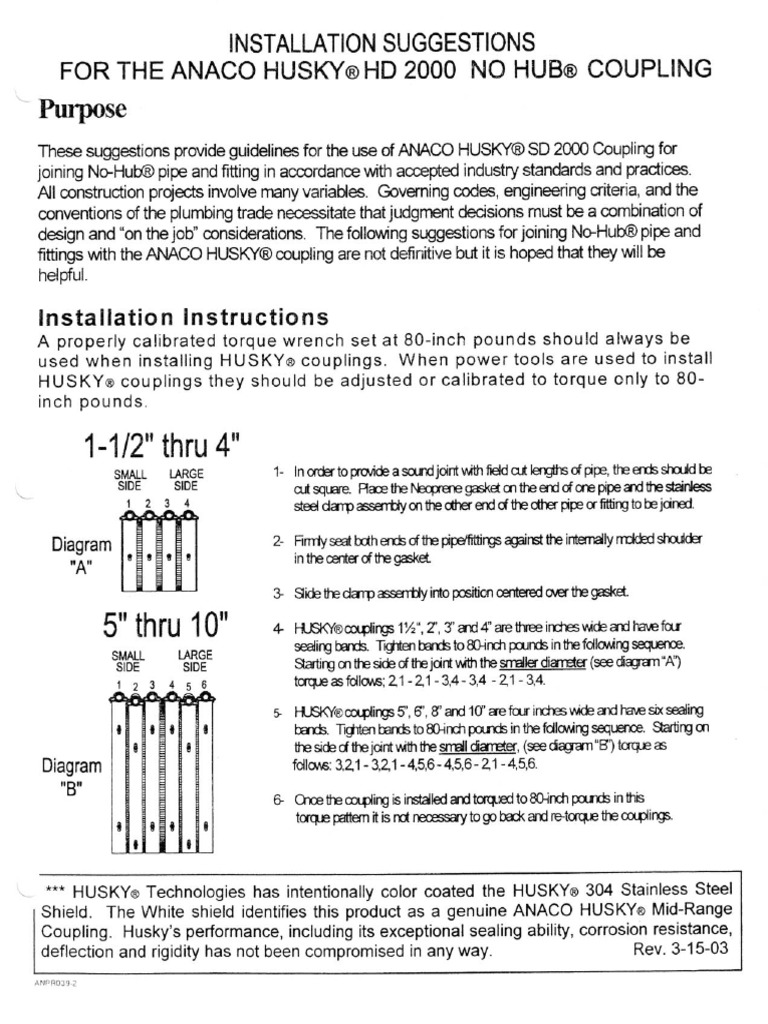 ANACO HUSKY NoHub Couplings SD2000 Installation PDF