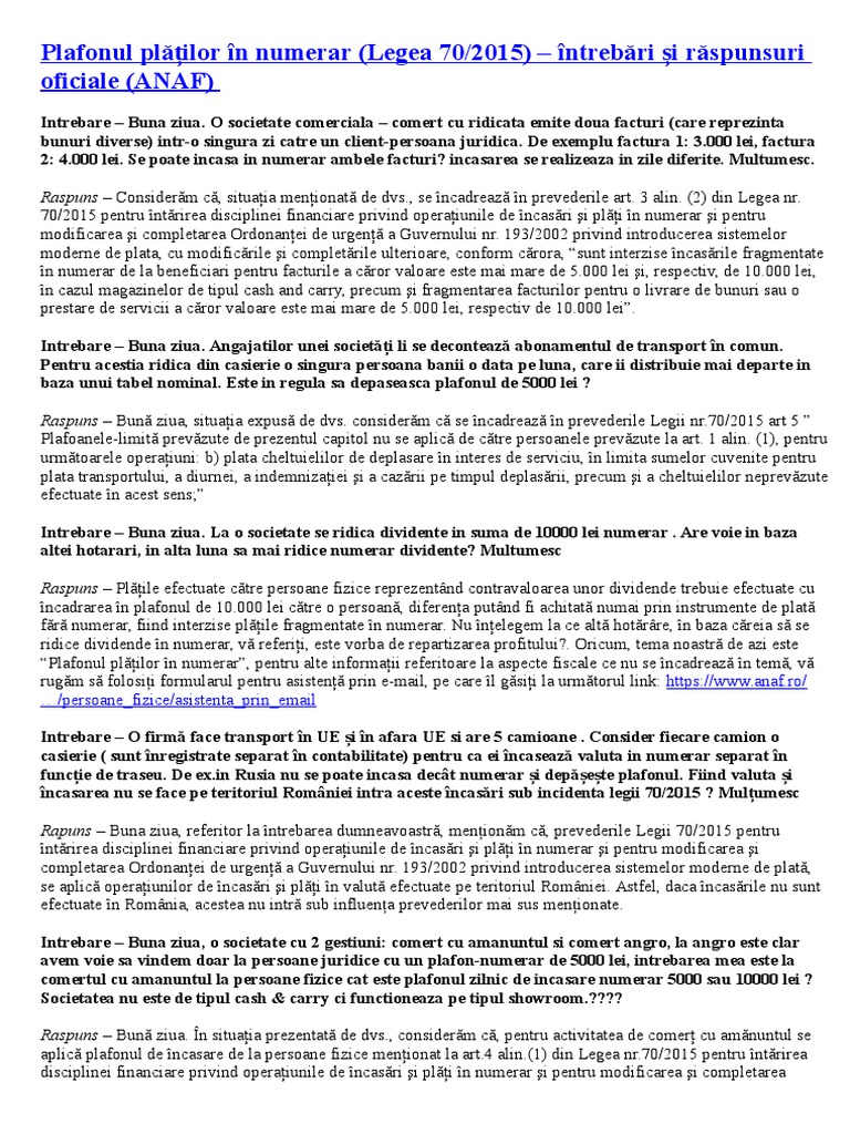 Plafonul PlÄƒÈ›ilor In Numerar Legea 70 2015 IntrebÄƒri È™i RÄƒspunsuri Oficiale Anaf