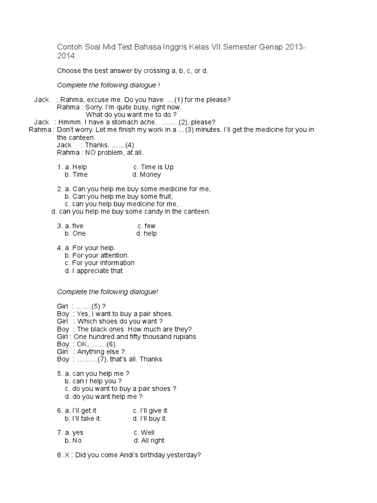 Contoh Soal Mid Test Bahasa Inggris Kelas VII Semester Genap 2013