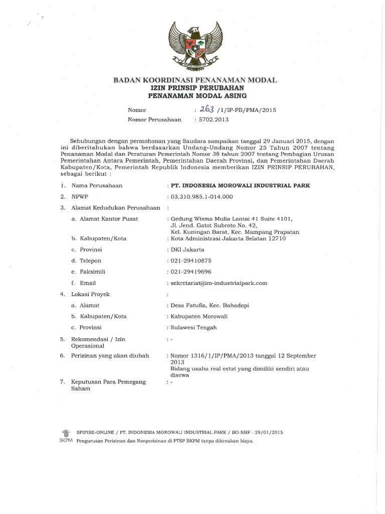 Izin Prinsip Perubahan PT IMIP 2015