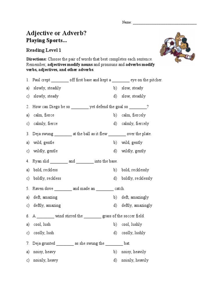 Adjectives and Adverbs Worksheet Reading Level 01 | Adverbio | Adjetivo