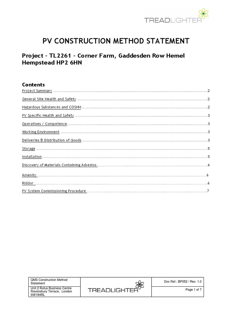 PV Construction Method Statement: Project - TL2261 - Corner Farm ...