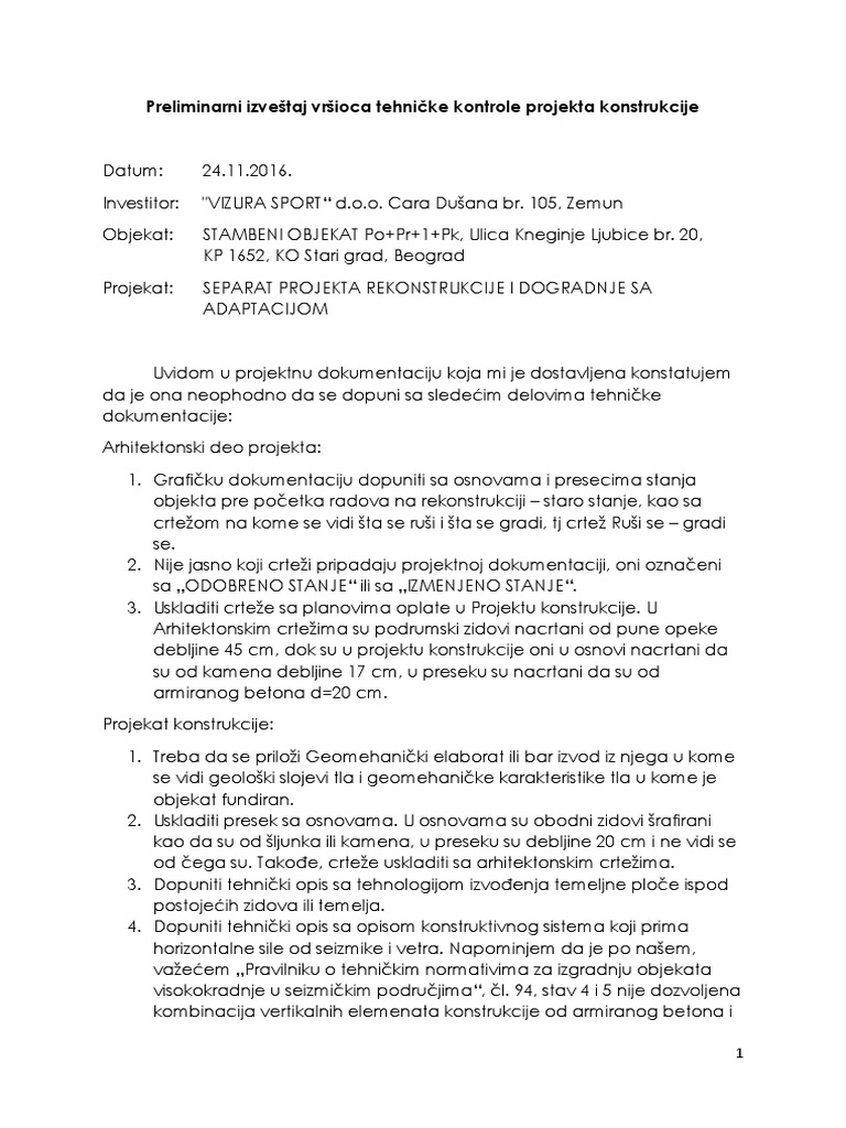 Izvestaj Revidenta Projekta Konstrukcije 24.11.2016 | PDF