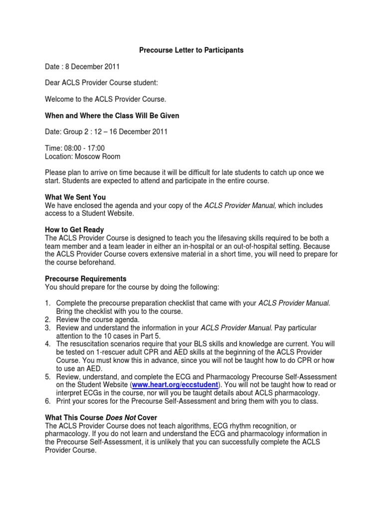 ACLS Pre Course Letter (NEW) Cardiopulmonary Resuscitation Learning