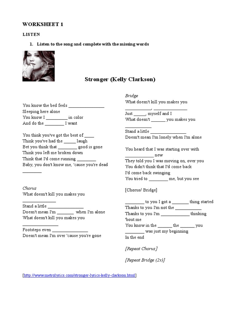 Stronger Lyrics Listening Worksheet | PDF | Language Arts & Discipline ...