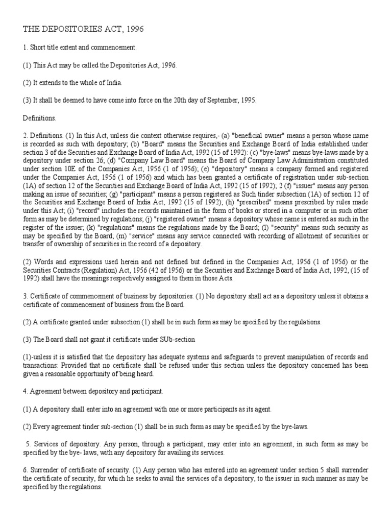 Overview of the Depositories Act, 1996 | PDF | Securities (Finance ...