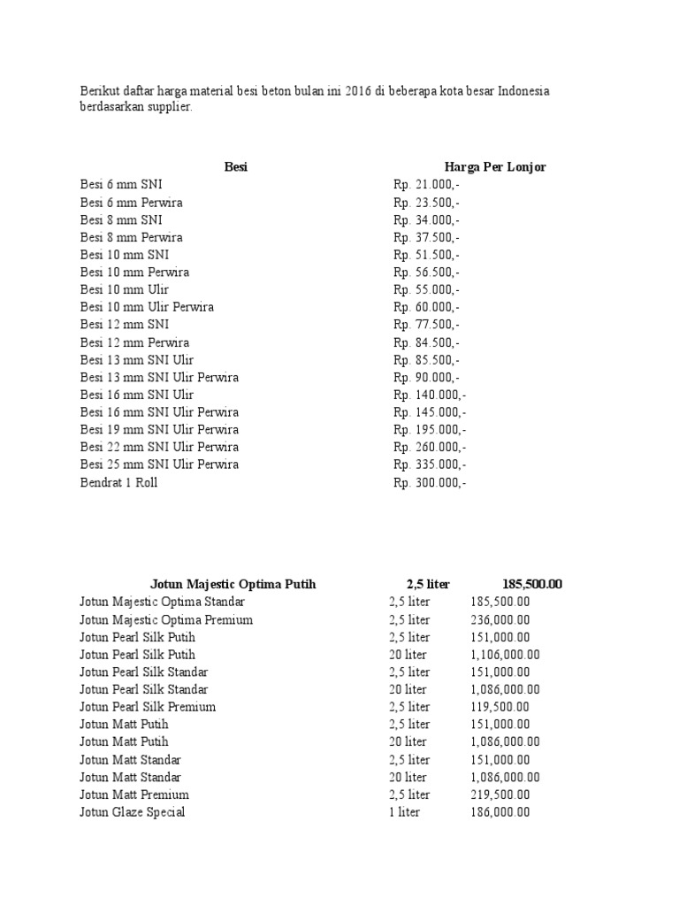 Berikut Daftar Harga Material Besi Beton Bulan Ini 2016 Di Beberapa