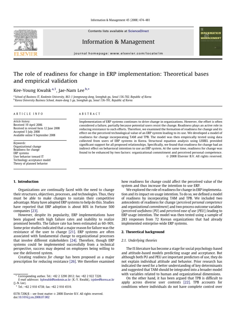 Readiness for Change in ERP Implementation | PDF