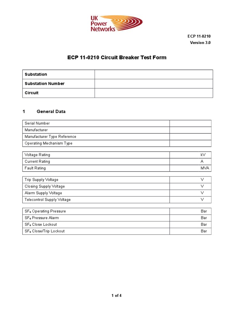ECP 110210 Circuit Breaker Test Form PDF Electrical Substation