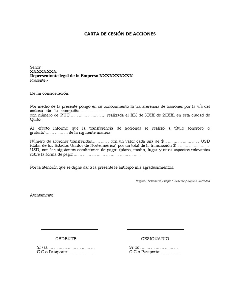 Carta de Cesion de Acciones PDF | PDF