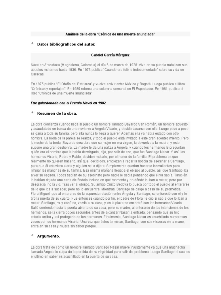 Argumento De La Obra Cronica De Una Muerte Anunciada Análisis de La Obra Cronica de Una Muerte Anunciada | PDF | Gabriel García  Márquez