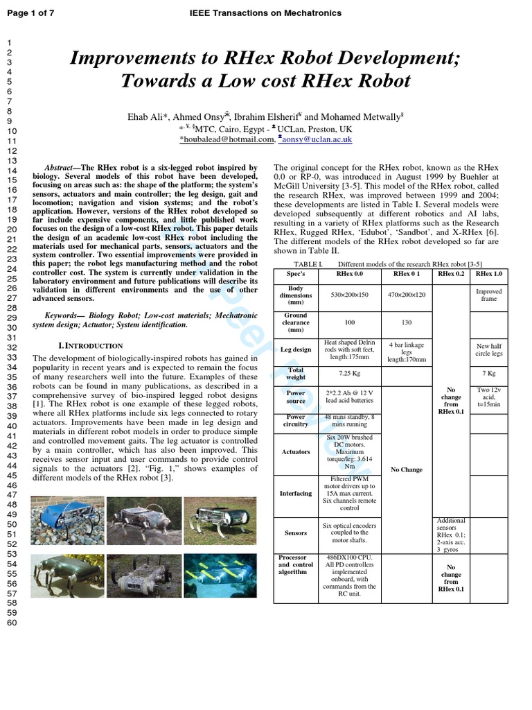 Low-Cost RHex Robot Design Improvements | PDF | Robot | Robotics