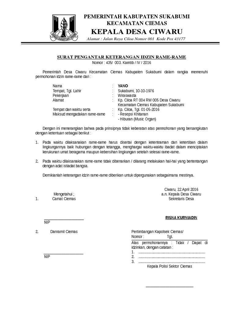 Surat Izin Rame-Rame Desa Ciwaru | PDF | Olahraga & Rekreasi