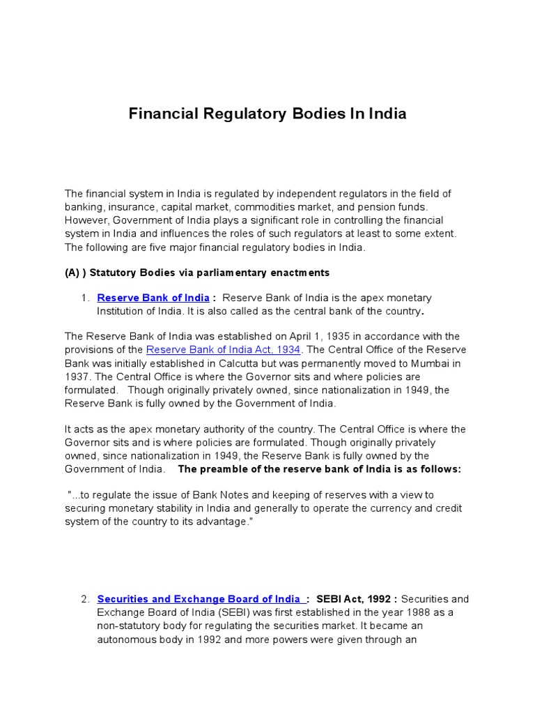 Financial Regulatory Bodies in India PDF Reserve Bank Of India Central Banks