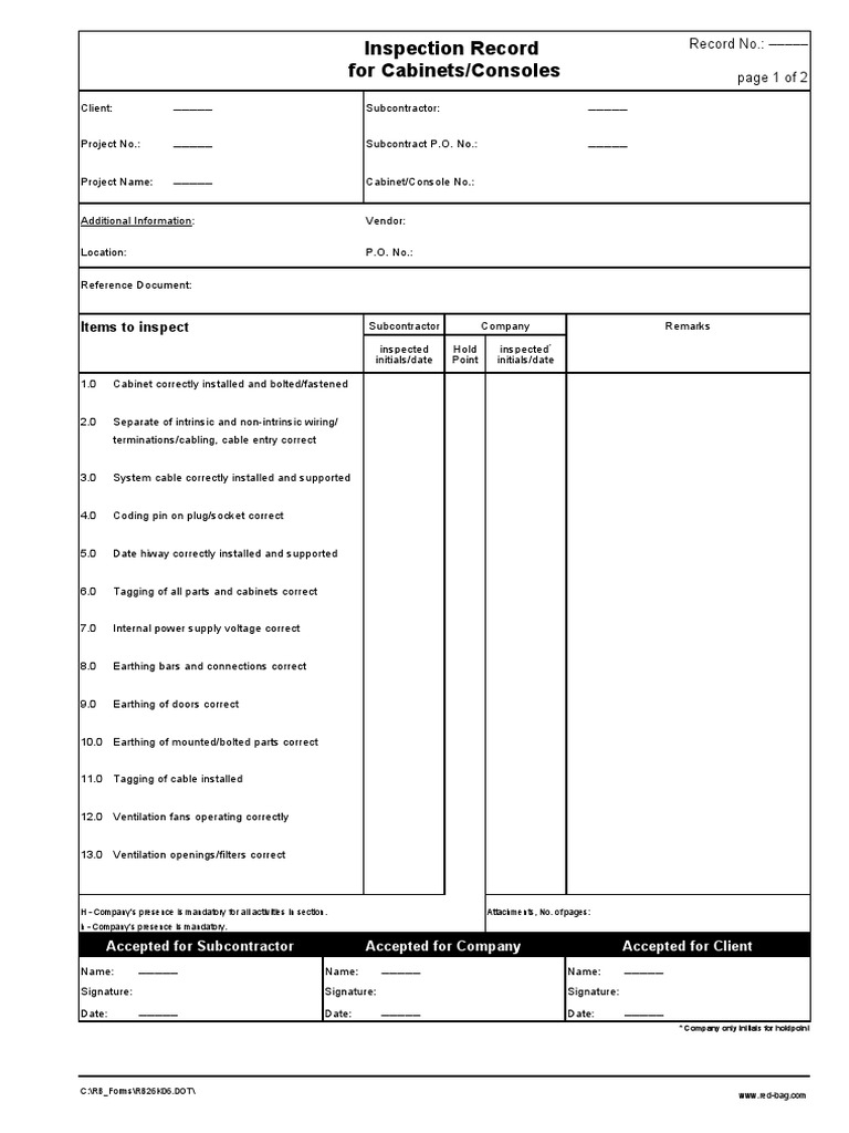 Inspection Record For Cabinets - Consoles | PDF | Computers ...