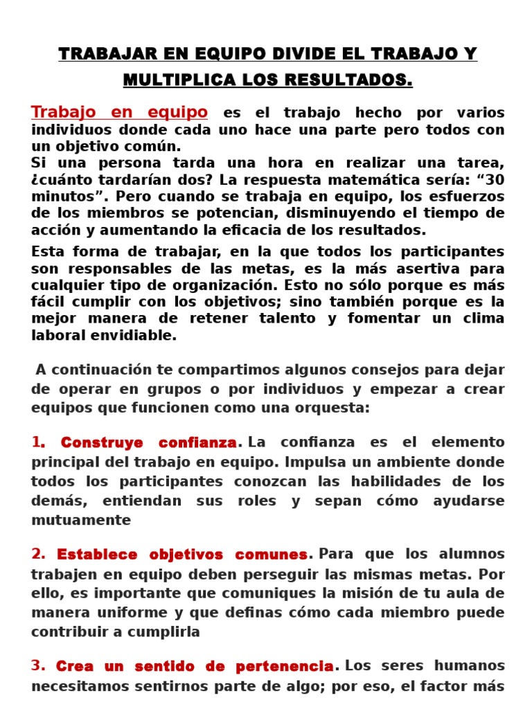 El Trabajo En Equipo Divide La Tarea Y Multiplica El éxito