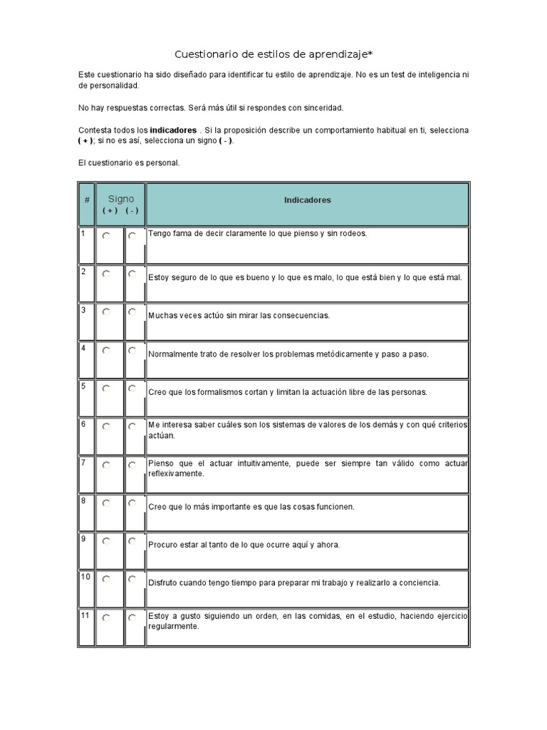 Cuestionario de Estilos de Aprendizaje | PDF | Cuestionario | Intuición