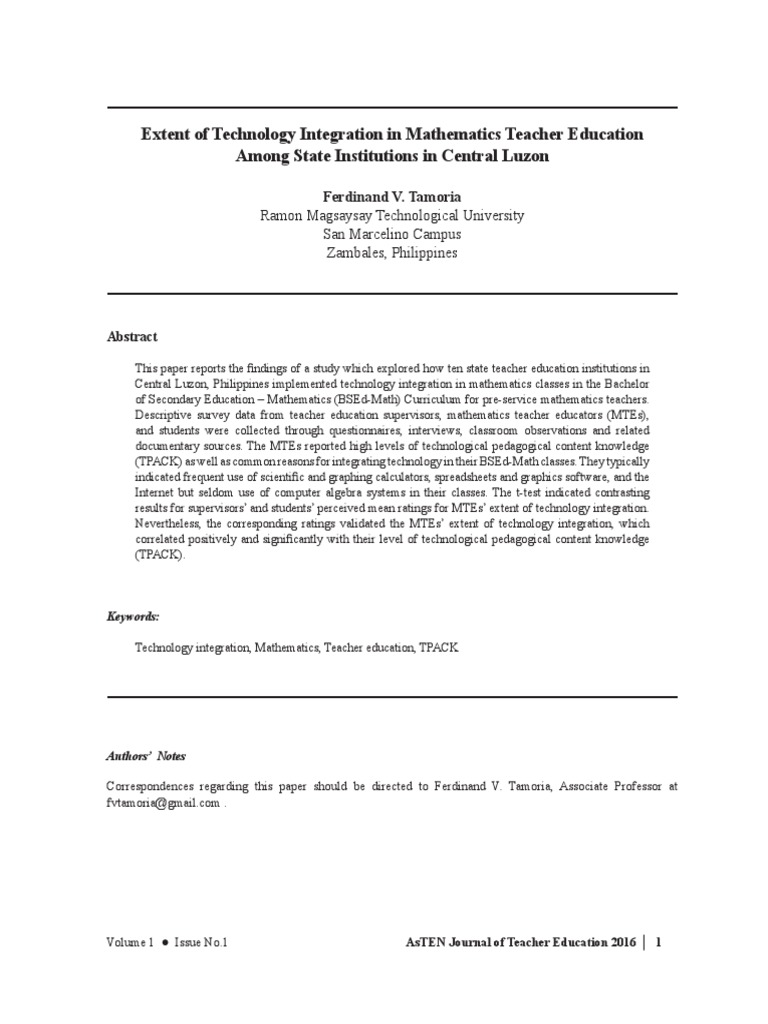 Extent of Technology Integration in Mathematics Teacher Education Among ...