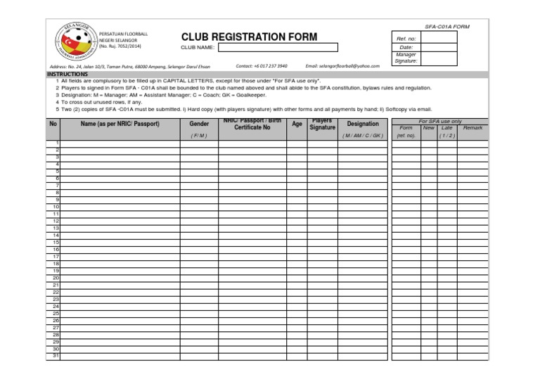 Club Registration for SFA Members | PDF
