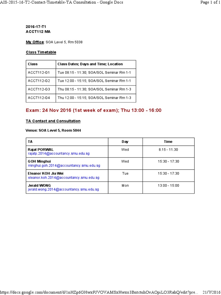 ACCT112 Class Schedule & TA Contacts | PDF