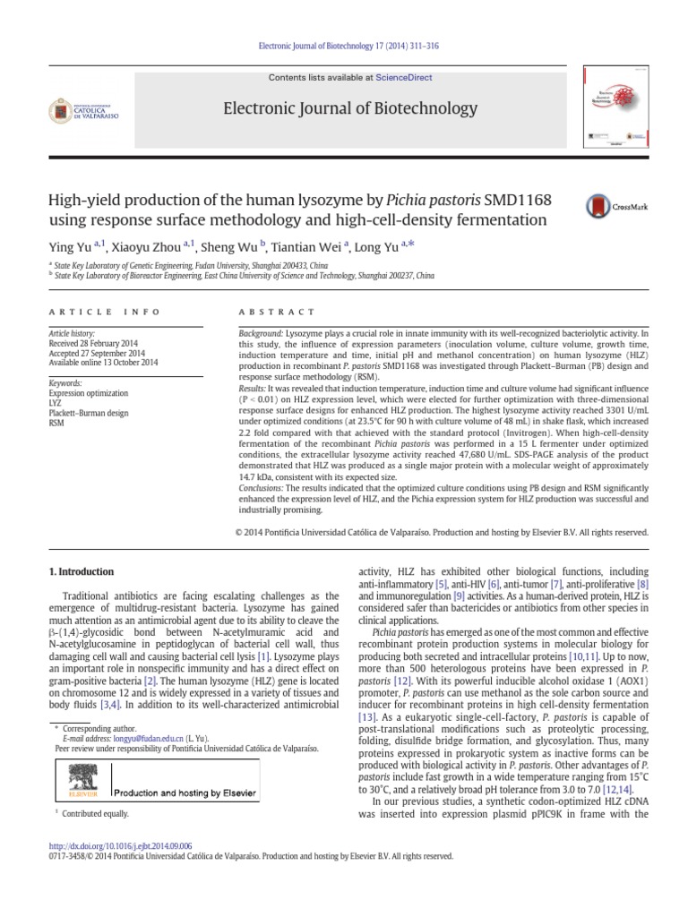 Electronic journal of biotechnology ying yu xiaoyu zhou sheng wu