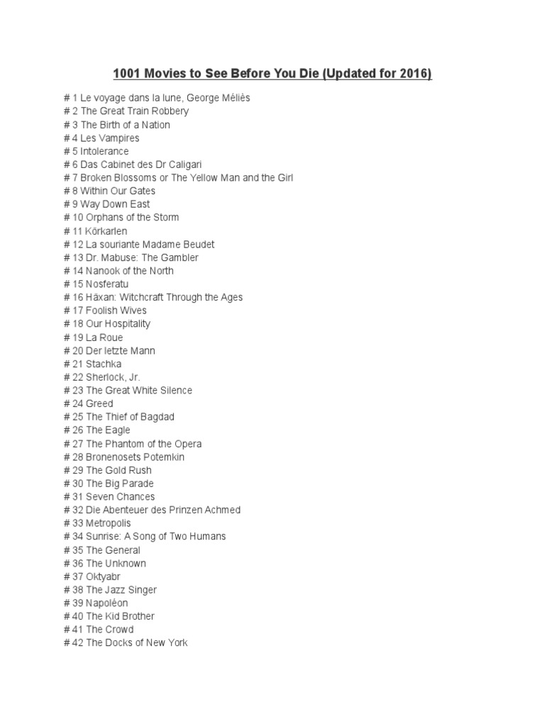 1001 Movies To See Before You Die (Updated For 2016) | PDF | Cinema