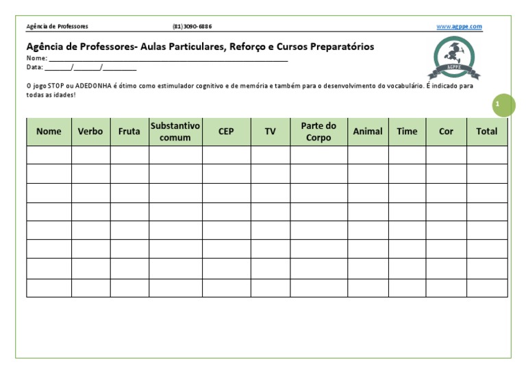 Ficha Para Jogo Adedonha Stop Pdf