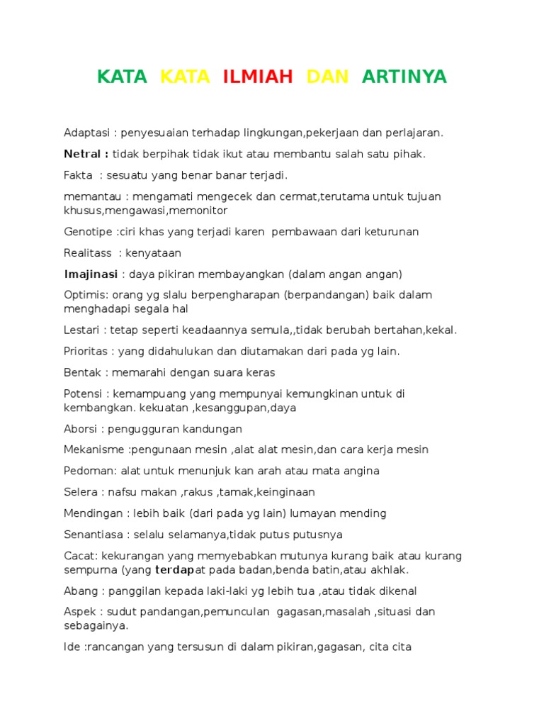 Kata Kata Ilmiah Dan Artinya