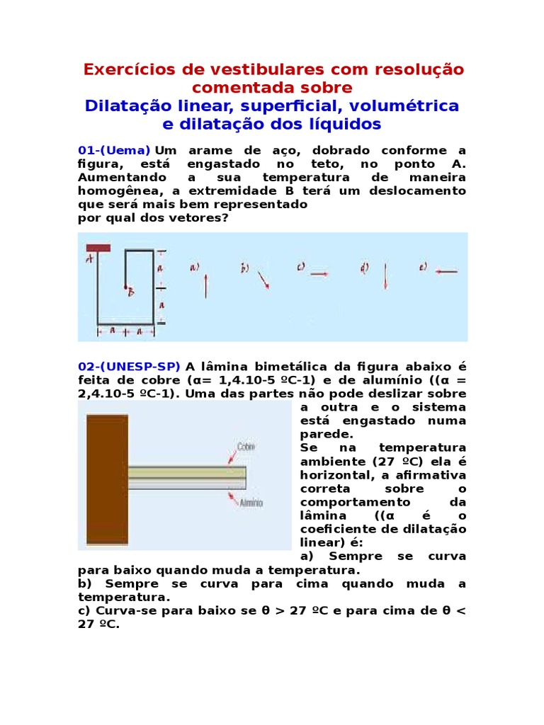 Exercicios Dilatação Linear, Superficial, Volumétrica e Dilatação Dos ...