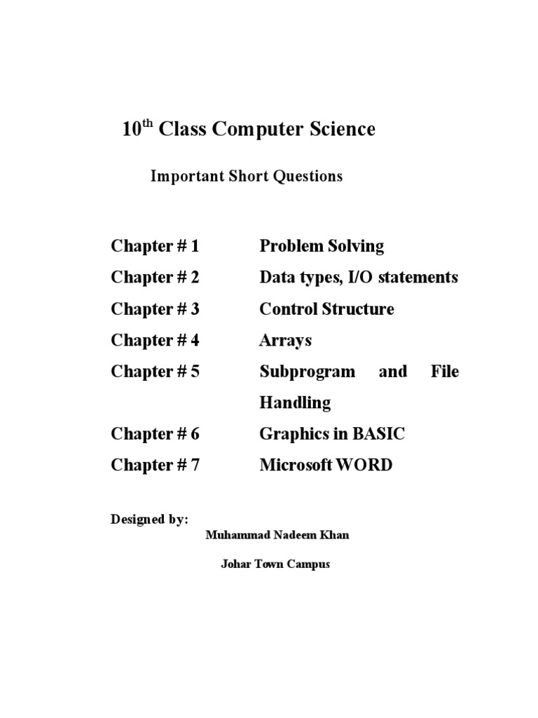Notes For Computer Science 10th Class BISE | PDF | Array Data Structure ...