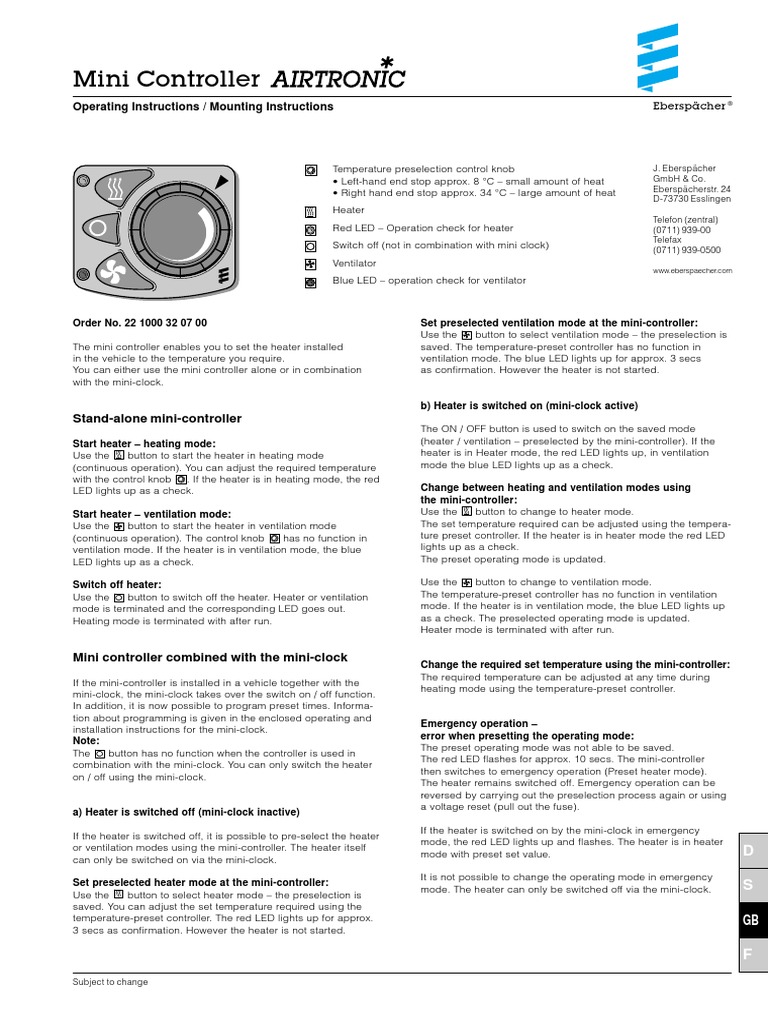 Espar Mini Controller Operating Guide | PDF | Hvac | Ventilation ...