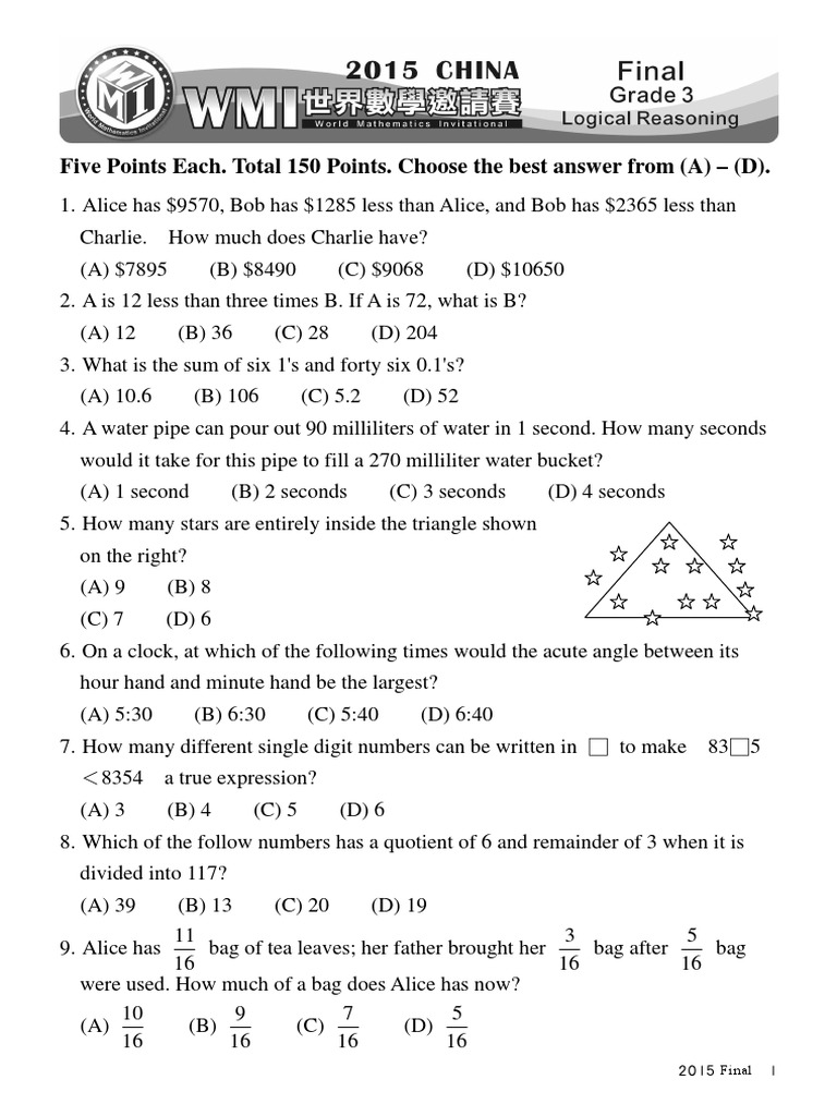 Grade 3 WMI Math Competition Questions | PDF | Euclidean Plane Geometry ...