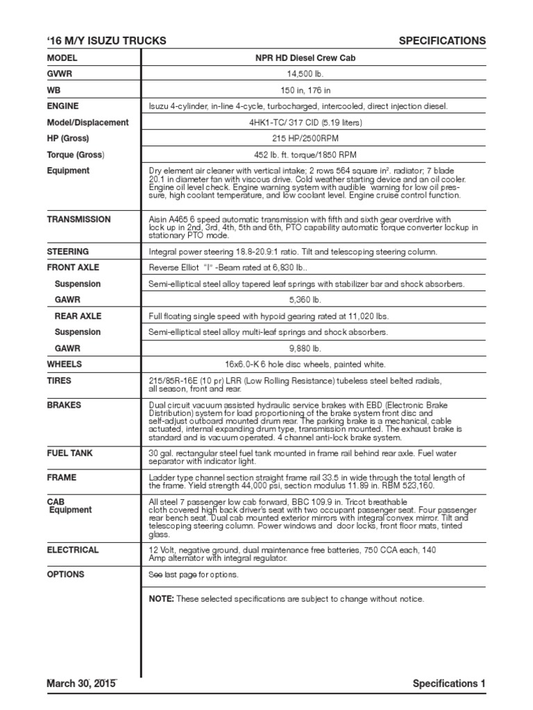 Isuzu Specs for NPR HD Crew Diesel Internal Combustion Engine Piston