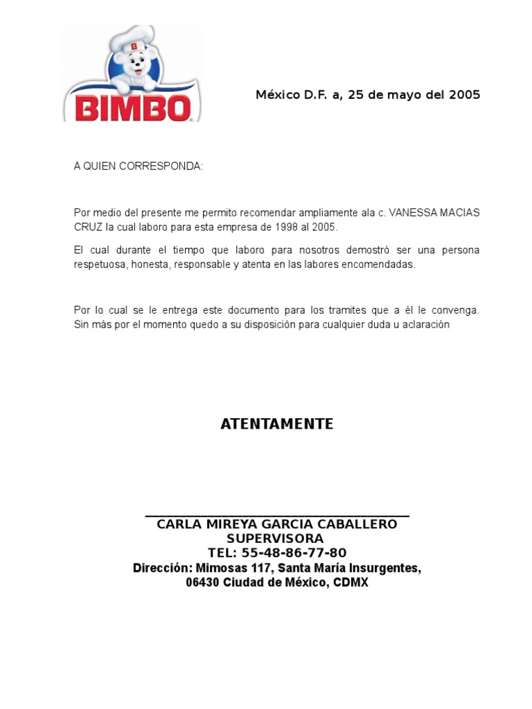 Carta de Recomendacion Laboral  PDF