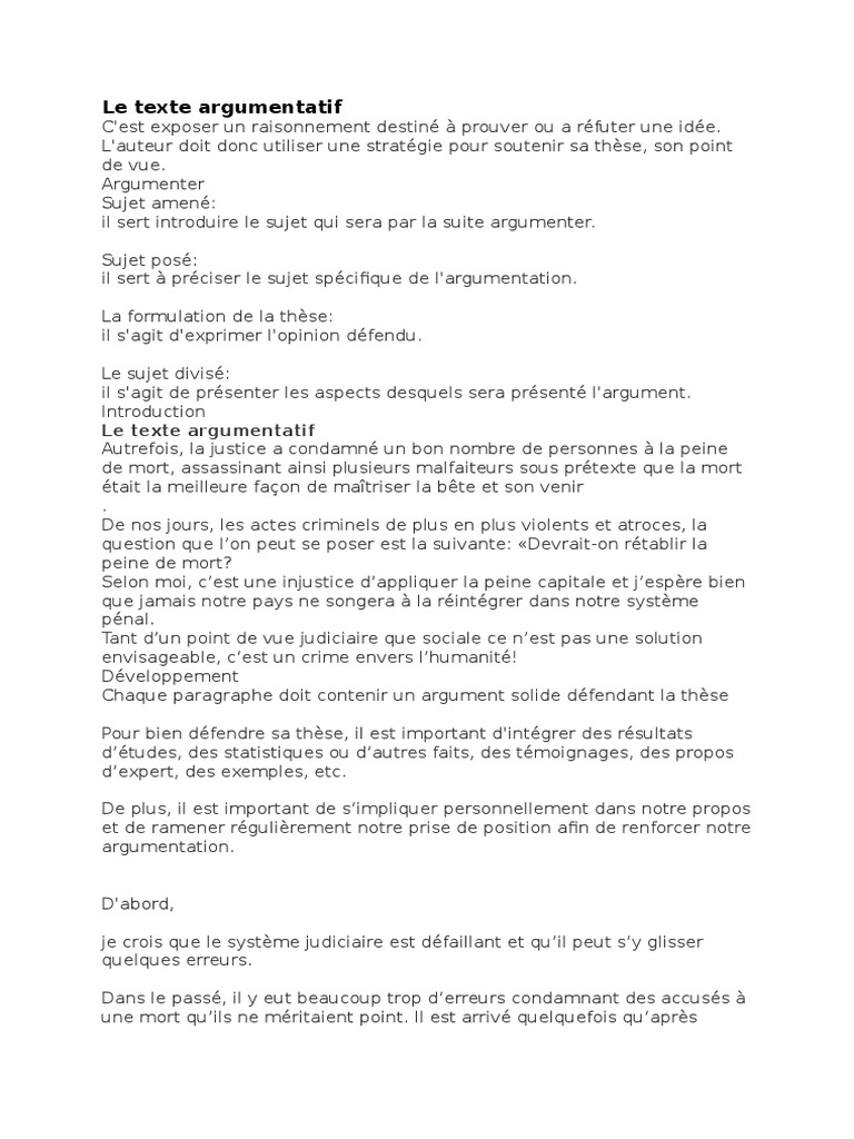 Sujet Amene Exemple Texte Argumentatif