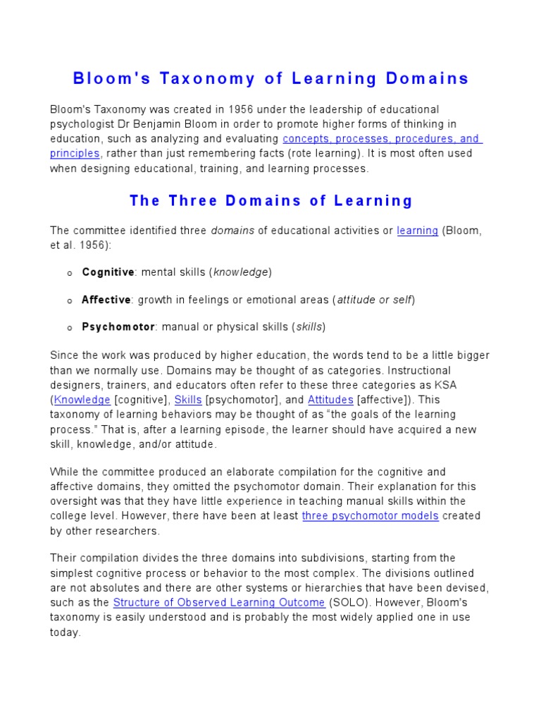 Bloom's Taxonomy of Learning Domains | PDF | Metacognition | Learning