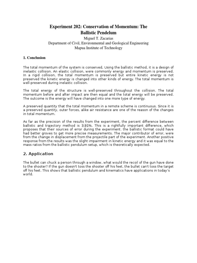 Experiment 202: Conservation of Momentum: The Ballistic Pendelum | PDF