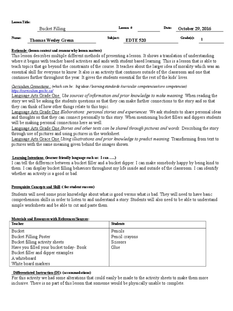 bucket filling lesson plan Curriculum Quality Of Life