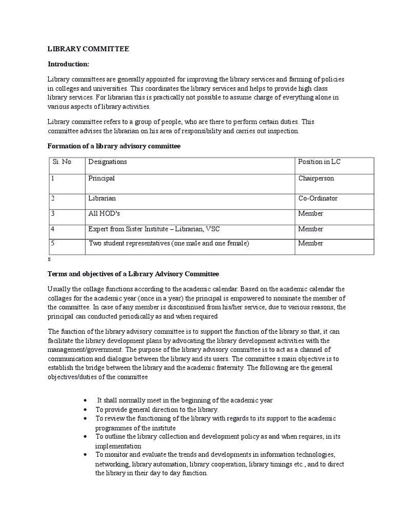 Library Committee Functions and Formation | PDF | Librarian | Libraries