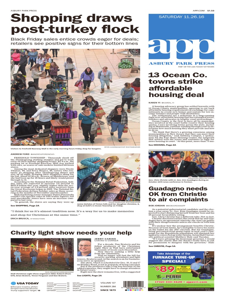 Asbury Park Press front page, Saturday, Nov. 26, 2016 Black Friday