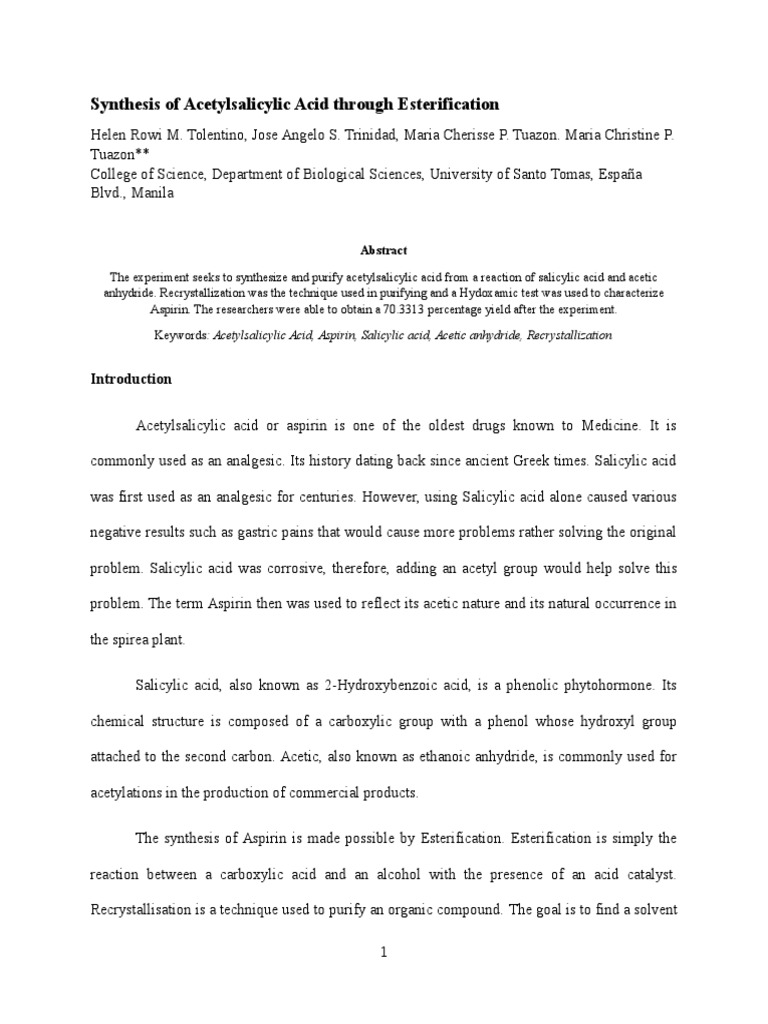 Synthesis of Aspirin From Salicylic Acid and Acetic Anhydride | PDF ...