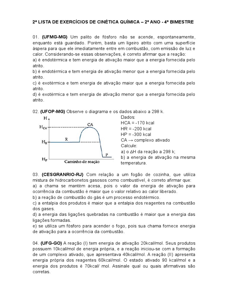 2 Lista de Exercícios de Cinética Química | PDF | Energia de ativação ...