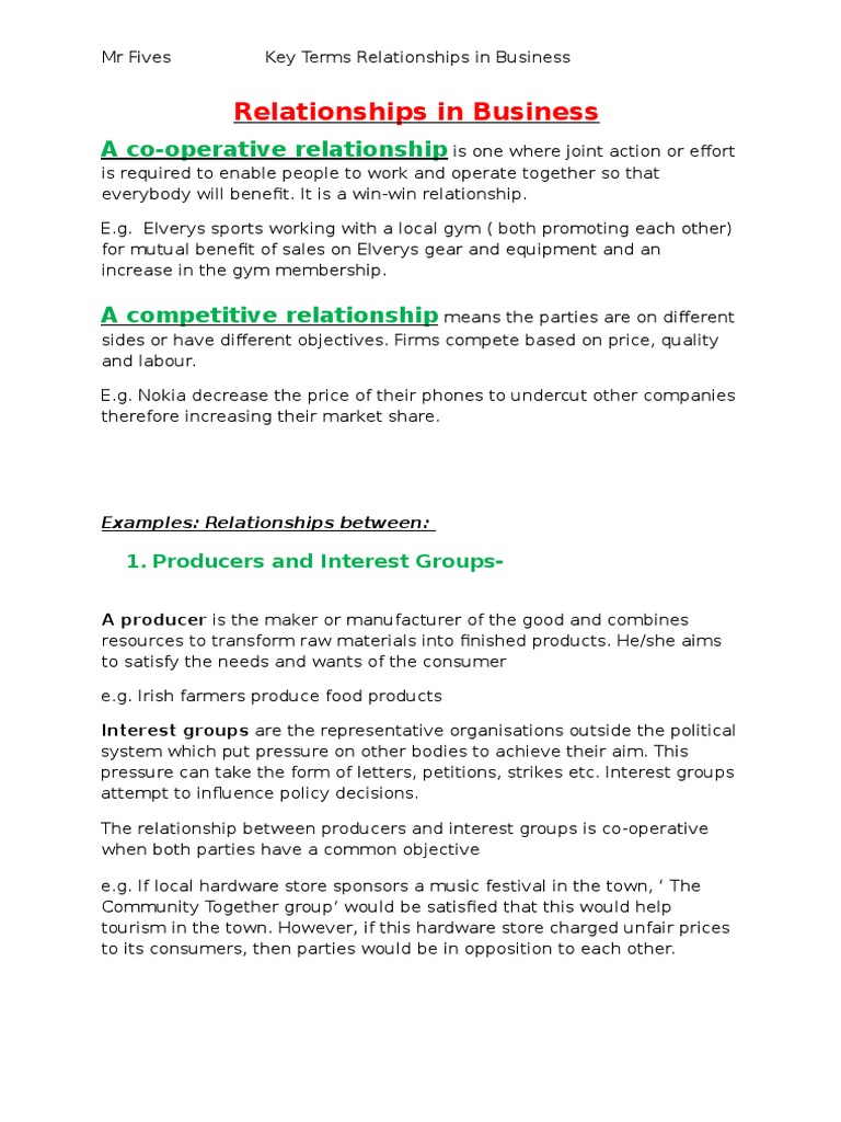 Relationships in Business Key Terms and Notes Investor
