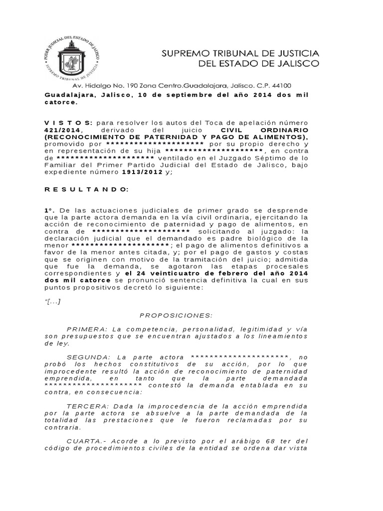 Resolucion Reconocimiento de Paternidad Jalisco+ | PDF | Evidencia (ley) |  Derechos