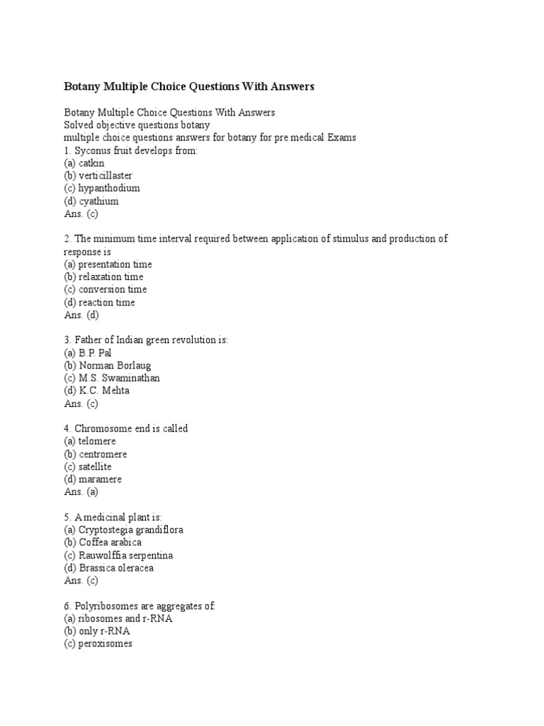 Botany Multiple Choice Questions With Answers Plant Hormone