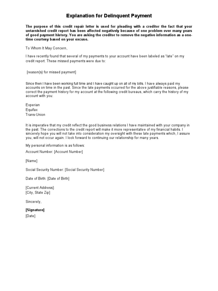 Sample Letter Explanation For Delinquent Payment Credit History