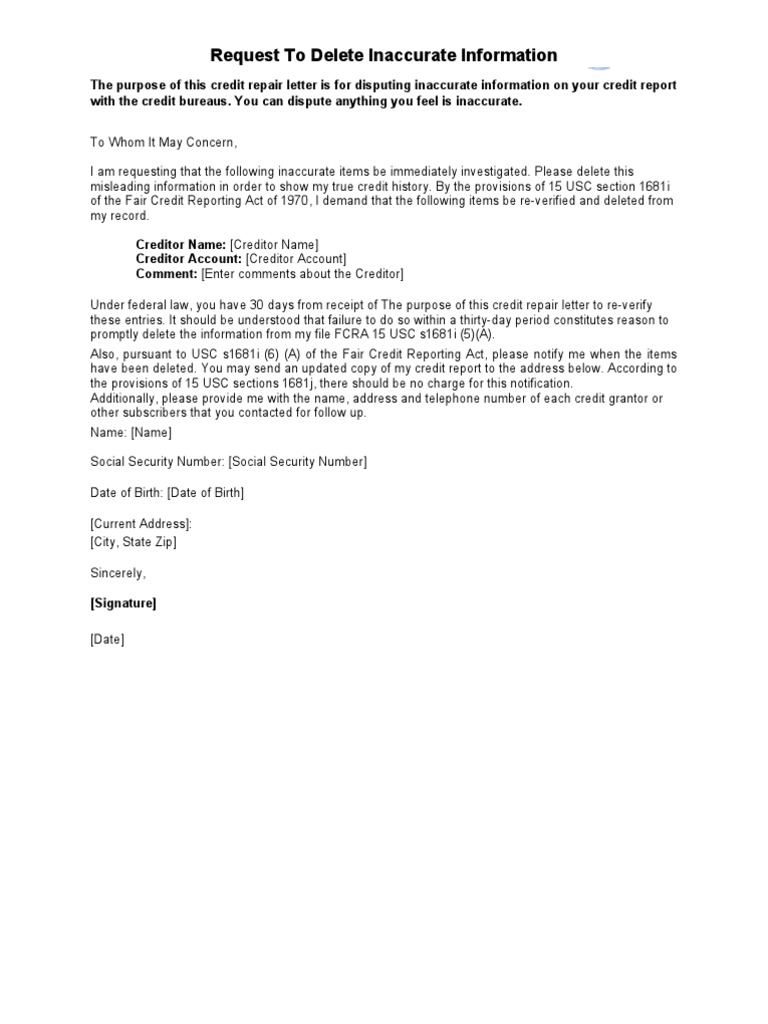 Sample Letter - Request To Delete Inaccurate Information  PDF