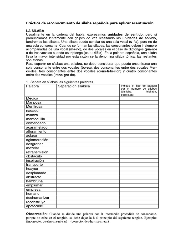 Ejercicios de Silabeo y Acentuación | PDF | Sílaba | Morfología Lingüística