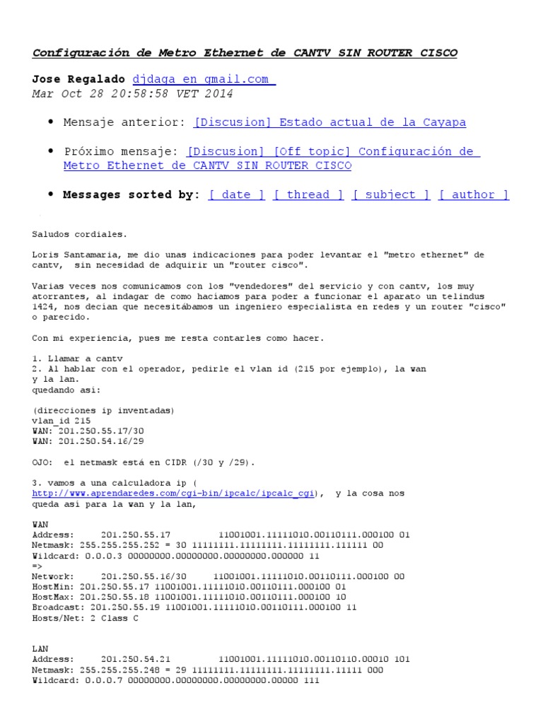 Configuración de Metro Ethernet de CANTV SIN ROUTER CISCO | PDF ...